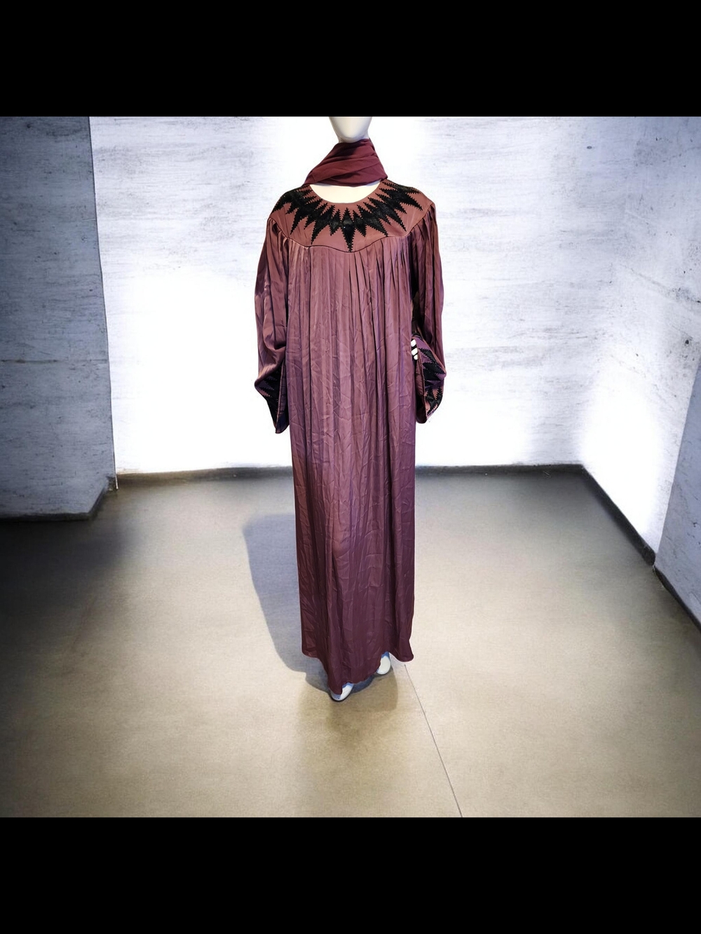 Elegant Plum Long-Sleeve Maxi Dress with Embroidered Yoke